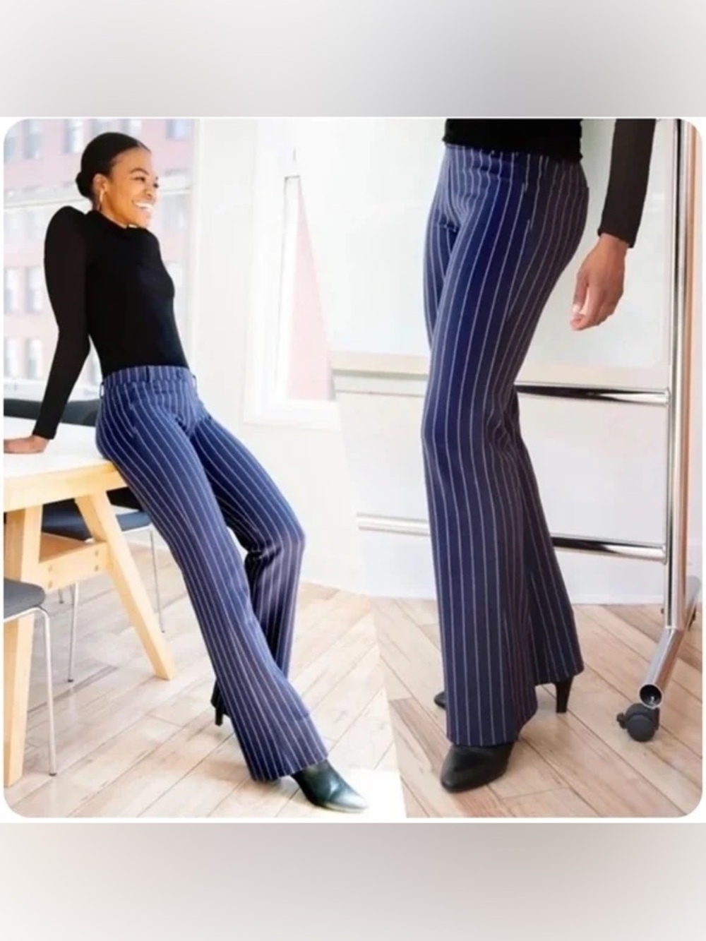 Betabrand Navy Pinstripe Dress Pant Yoga Bootcut Knit Blue sz 8 Trousers Stretch